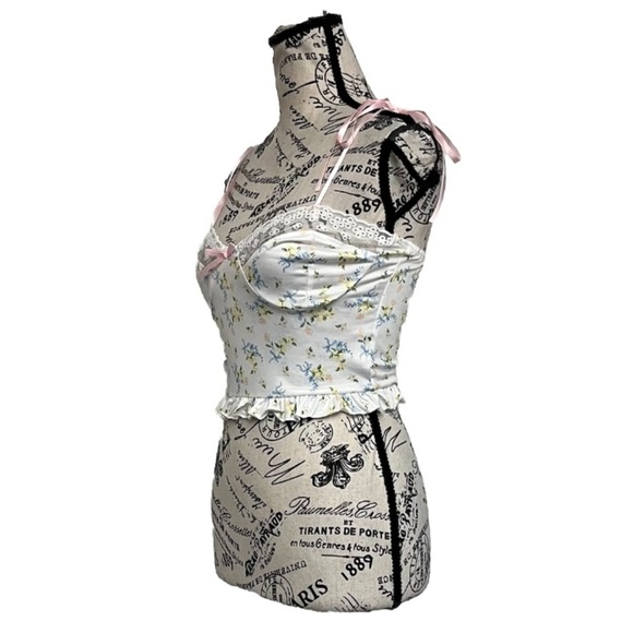 Sexy Floral Ribbon Strap Crop Top Lace Hippie Flower Ruffles Coquette  Cami S - Picture 3 of 12